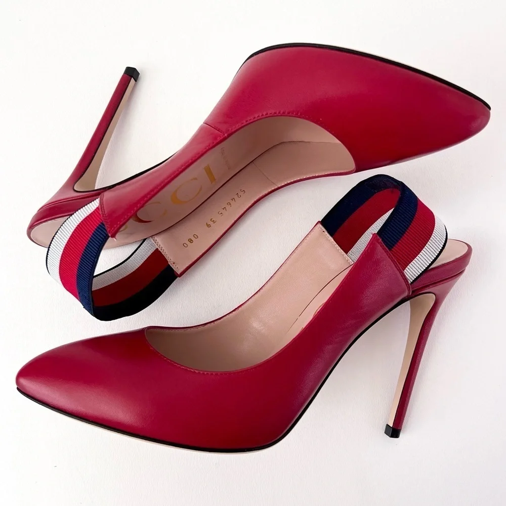 New‎ GUCCI | Sylvie Web Stripe Slingback Red Leather Pointed Pumps EU 39 US 9